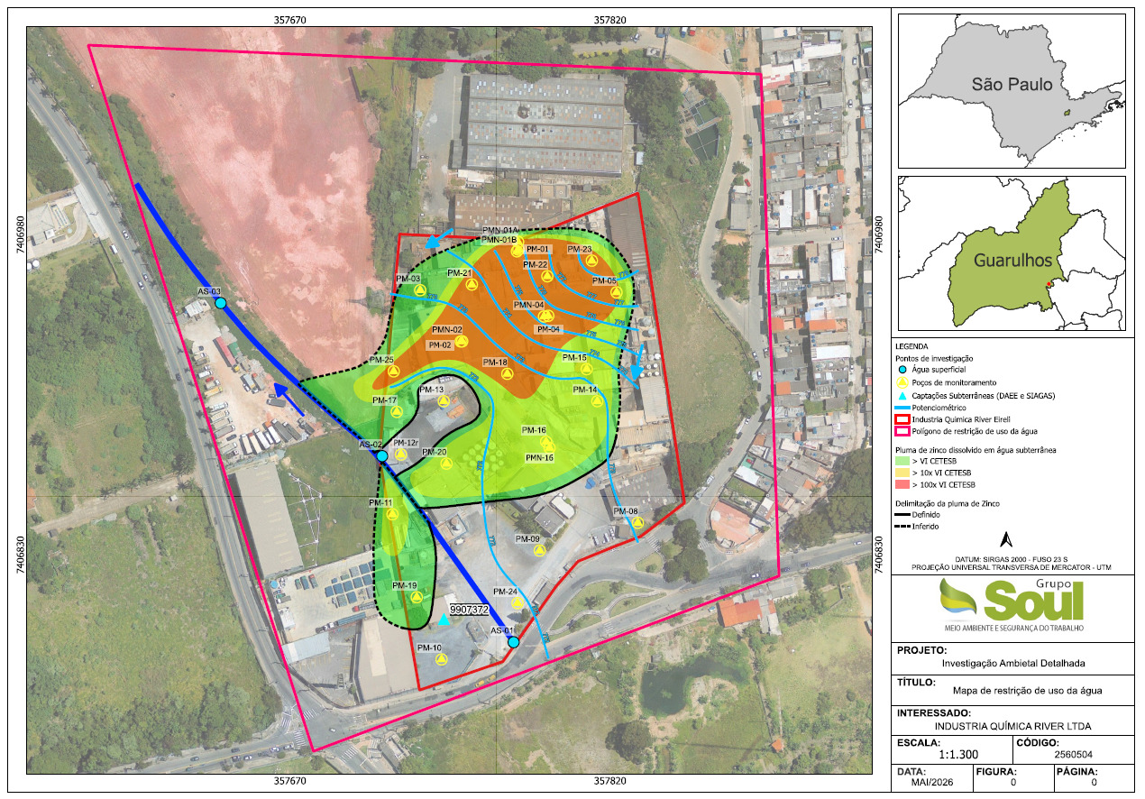 Mapa técnico de pluma de contaminação com delimitação da área de restrição